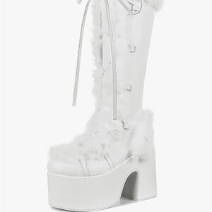 Knee High Boots For Womens Side Zipper Warm Faux Fur Platform Chunky Heel Punk